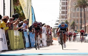 Port Elizabeth's Anriette Schoeman (Africa Silks-Bestmed), right, pips Monique Gerber (Bestmed-NMMU) to the post to take her fifteenth win in The Herald VW Cycle Tour feature race on Sunday. Photo: Eugene Coetzee