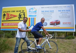 The Herald VW Cycle Tour has joined forces with the Pedal Power Association to promote "Safe Cycling" on the streets of Nelson Mandela Bay. Avid sportsmen Iqbal Sain (left) and Alan Taylor, whose company Bukani Print sponsors the marketing material for the cycling event, are seen here at the Strandfontein Road billboard. Photo: Full Stop Communications
