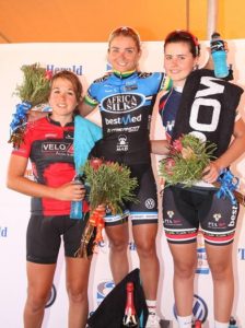 Multiple junior road and track champion Monique Gerber has demonstrated a blistering return to form ahead of the South African road cycling championships in Durban this week. Gerber (right) finished runner-up to Anriette Schoeman (centre) at The Herald VW Cycle Tour on Sunday. Candice Neethling was third. Photo: Eugene Coetzee