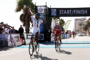 Team Abantu sprinter Nolan Hoffman (left) shows his delight at winning his third 106km Classic ahead of Bonitas rider HB Kruger at The Herald VW Cycle Tour in Port Elizabeth on Sunday. Photo: Eugene Coetzee