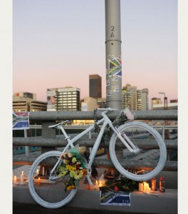 A ghost-bike is seen chained to the Nelson Mandela Bridge in Braamfontein in honour of South African mountain bike champion Burry Stander who was killed after being hit by a vehicle while training in KwaZulu-Natal. Photo: Michel Bega