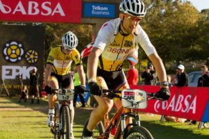 Christoph Sauser and Jaroslav Kulhavy of Burry Stander-Songo during the final stage (stage 7) of the 2013 Absa Cape Epic Mountain Bike stage race. Photo: Gary Perkin / Cape Epic / SPORTZPICS