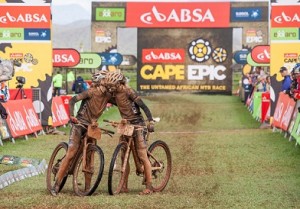 Winning ladies Annika Langvad (R) and Ariane Kleinhans (L) during stage 2 of the 2014 Absa Cape Epic Mountain Bike stage race from Arabella Wines in Robertson. Photo: Sam Clark / Cape Epic / SPORTZPICS