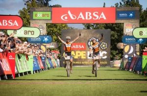 Annika Langvad (L) and Ariane Kleinhans (R) win stage six of the 2014 Absa Cape Epic Mountain Bike stage race from Oak Valley Wine Estate in Elgin. Photo: Sam Clark / Cape Epic / SPORTZPICS