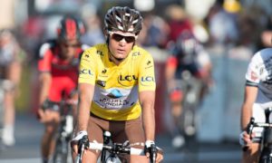 Carlos Betancur crosses the finish line on the Promenade des Anglais in Nice to win the Paris-Nice race overall. Photo: Pete Goding / PA