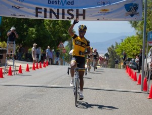 Eritrean national road champion Meron Teshome (MTN-Qhubeka feeder team) celebrates his first stage victory on South African soil on day three of the Bestmed Tour de Boland, presented by ASG, in Riebeek-Kasteel on Thursday. Photo: Capcha