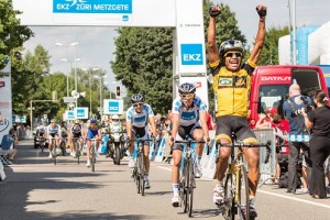 Costa Seibeb celebrates his victory at the EKZ Zuri Metzgete in Zurich, Switzerland, in August. Photo: Supplied