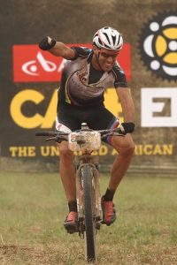 Frantisek Rabon of Meerendal Songo Specialized celebrates after winning stage three of the 2014 Absa Cape Epic Mountain Bike stage. Photo: Shaun Roy / Cape Epic / SPORTZPICS