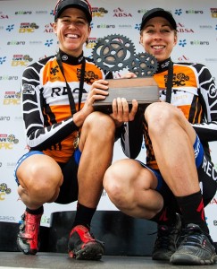 Ladies winners Ariane Kleinhans and Annika Langvad during the final stage (stage 7) of the 2014 Absa Cape Epic Mountain Bike stage race from Oak Valley Wine Estate in Elgin to Lourensford Wine Estate. Photo: Warren Elsom / Cape Epic / SPORTZPICS