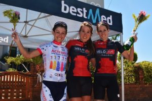 An-Li Kachelhoffer (Esmero-Activate Drinks), Candice Neethling (VeloLife) and Lise Olivier (VeloLife) on the podium after stage three of the Bestmed Tour de Boland, presented by ASG, in Riebeek-Kasteel on Thursday. Photo: Full Stop Communications
