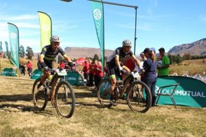 Darren Lill (left) and Waylon Woolcock of Cannondale-Blend claim their second stage victory on day five of the Old Mutual joBerg2c in the Kamberg region of KwaZulu-Natal on Tuesday. Photo: Jason von Berg