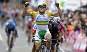 Simon Gerrans of Australia celebrates after crossing the finish line of the 100th Liège-Bastogne-Liège Classic race. Photo: Laurent Dubrule / Reuters
