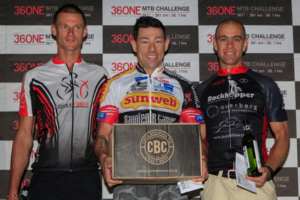 Jean Biermans (centre) won the 2015 36One MTB Challenge in Oudtshoorn today. Photo: www.oakpics.co.za