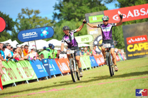Cycle Lab Toyta's Heinz Zoerweg (AUT) and Andrew McLean (RSA) celebrate their victory in the Grand Master's category at the 2014 Absa Cape Epic. They finished a remarkable 15th overall. Photo: Sportograf