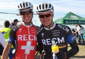 RECM's Ariane Kleinhans (left) took her fourth consecutive victory in the mixed category at the three-day Nedbank sani2c alongside new partner Lourens Luus. The 10th edition of the world's largest mountain bike stage race finished in Scottburgh, KwaZulu-Natal, on Saturday. Photo: Full Stop Communications