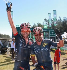 Multiple former winners Max Knox (left) and Kevin Evans, of FedGroup-Itec, claimed the opening stage of the 10th Nedbank sani2c mountain bike stage race at Ixopo in KwaZulu-Natal on Thursday. Photo: Full Stop Communications