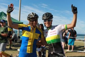 Swedish marathon champion Jennie Stenerhag (left) and her South African counterpart Robyn de Groot celebrate their win in the women's race at the e Nedbank sani2c on Saturday. The 10th edition of the world's largest mountain bike stage race finished in Scottburgh, KwaZulu-Natal, on Saturday. Photo: Full Stop Communications
