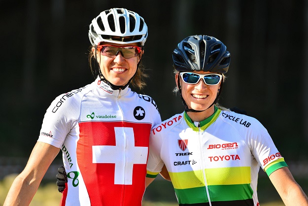 Current Swiss national champion and Team RECM star Ariane Kleinhans (left) and Toyota Biogen rider and recently crowned South African national marathon champion Robyn de Groot (right) were out on course on Thursday practicing ahead of the 2014 UCI MTB Marathon World Championships. Photo: Darren Goddard / Gameplan Media