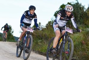 Women's race leaders Lindsey Chicken (left) and Judy Scheepers of Bikeplus en route to victory on day two of the three-day RECM Knysna 200 on Saturday. Photo: Full Stop Communications