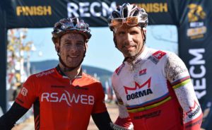 Mountain bikers Renay Groustra (front) and Nico Pfitzenmaier powered to victory in the first stage of the RECM Knysna 200 on Friday. Photo: Full Stop Communications