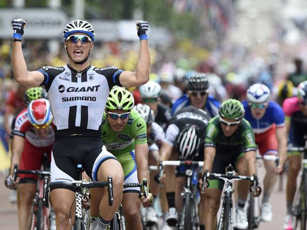 Germany's Marcel Kittel celebrates as he crosses the finish line at the end of the 155 km third stage of the 101st edition of the Tour de France. Photo: The Independent