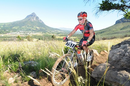 Amy Williams (17) of Knysna in action at the 2013 Pennypinchers Origin Of Trails 2-Day Mountain Bike Stage Race. Photo: Jetline Action Photo