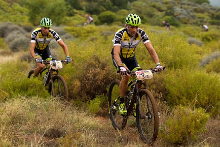 ROBERTSON 24 MARCH 2014 - Jose Hermida & Rudi Van Houts during stage 1 of the 2014 Absa Cape Epic Mountain Bike stage race held from Arabella Wines in Robertson, South Africa on the 24 March 2014 Photo by Gary Perkin/Cape Epic/SPORTZPICS