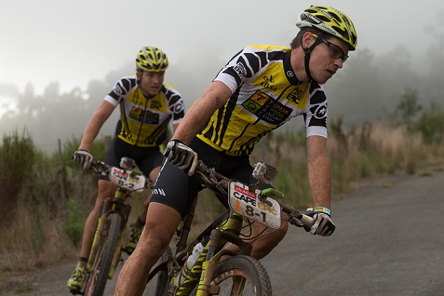 Robert Mennon (front) and Kristian Ynek of Team Topeak Ergon Racing during stage 6 of the 2014 Absa Cape Epic Mountain Bike stage race from Oak Valley Wine Estate in Elgin, South Africa on the 29 March 2014 Photo by Greg Beadle/Cape Epic/SPORTZPICS