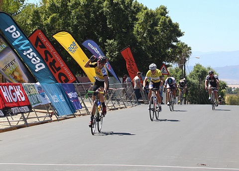 Lise Olivier of Time Freight E sprints to victory on stage four of the Bestmed Tour de Boland in Riebeek-Kasteel on Thursday. Photo: Full Stop Communications