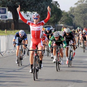Bonitas sprinter Herman Fouché celebrates his second victory in the Emperors Palace Classic road race in Kempton Park, Johannesburg, on Sunday. Photo: Yolanda van der Stoep