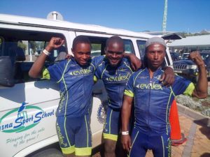 Mountain biker Ian Jantjies (left), who is a product of the Knysna Sport School's development programme, will be participating in the RECM Knysna 200 stage race from June 13 to 15. The school is the official beneficiary of the three-stage race. He is pictured here with KSS coach Paulus Sigonyela (centre) and senior cyclist Nelson Sebali at the Garden Route 300 earlier this year. Photo: Supplied