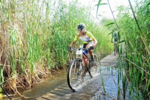 Robyn De Groot in action during the 2014 FNB Wines2Whales MTB Race. Photo Credit: Jetline Action Photo