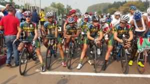 Team SA waiting for the start of the 150km road race in which Reynard Butler (second from left) won silver.