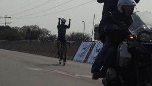 Willie Smit crosses the finish line to win the 2015 Rand Water Race for Victory.