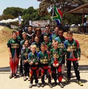 The South African BMX riders who represented their country at the 2015 African Continental BMX Championships in Harare, Zimbabwe on Saturday 14 November. Front Row - (Left to right): Marco Cherti, Deagan Macallum and Braden Schutte. 2nd Row: Ethan Ellse, Joshua Wright, Kyla Uys, Kita Uys, Delia Greyling, Alex Limberg, and Jarod Ellse. 3rd Row; Themba Hlophe, Dirk Uys, Cycling South Africa's BMX Commission Director, Margot Gerber, Tyler Klumper and Kyle Dodd.