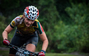 17-year-old Frankie du Toit enjoying the wet and muddy trails on her way to winning the women’s race at the Bestmed Ballito Expedition on Saturday. Photo: Em Gatland