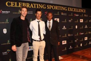 South African cycling stars Greg Minnaar (Sportsman of the Year nominee) Jayde Julius (Best Newcomer nominee) and Songezo Jim (Minister's Award - Excellence nominee) at the 2015 South African Sports Awards nominations announcement ceremony at SABC Radio Park, Johannesburg, on Tuesday 3 November. Photo: SA Sports Awards Facebook Album