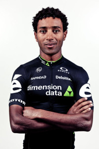 Merhawi Kuds of Team Dimension Data for Qhubeka shows off the team kit for the 2016 season. Photo: Supplied