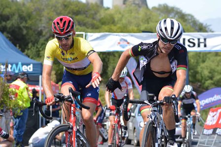 Drapac's Peter Koning (left) being congratulated by South Africa's Darren Lill after the final climb to the Taal Monument in last year's Bestmed Tour of Good Hope (then known as the Tour de Boland). Photo: Full Stop Communications