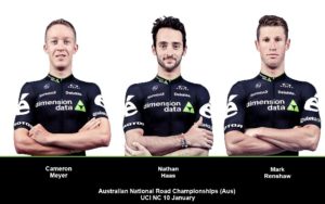 Aussies Cameron Meyer, Nathan Haas and Mark Renshaw will represent Team Dimension Data at the Australian national road champs on Sunday. Photo: Supplied