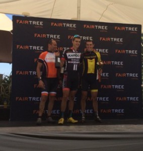 Top three winners for the first 60km Long option stage race at The Fairtree Simonsberg Contour MTB in Stellenbosch today. Photo: twitter.com/FairtreeContour