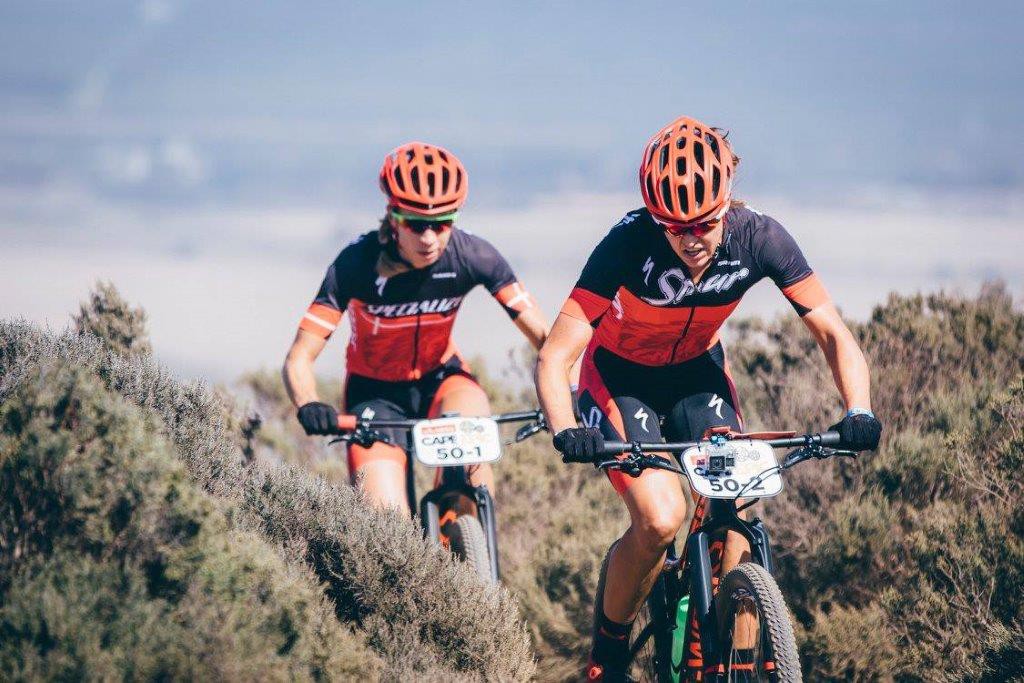 Ariane Kleinhans and Annika Langvad of Spur-Specialized won the second stage of the 2016 Cape Epic in Tulbagh today to take the overall lead. Photo: Cape Epic
