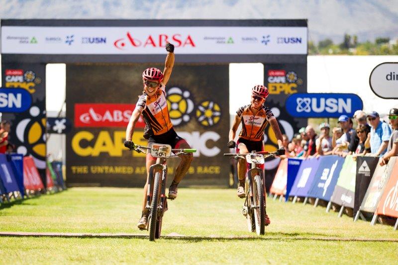 Annika Langvad and Ariane Kleinhans won the third stage of the 2016 Absa Cape Epic in Wellington today. Photo: Gary Perkin
