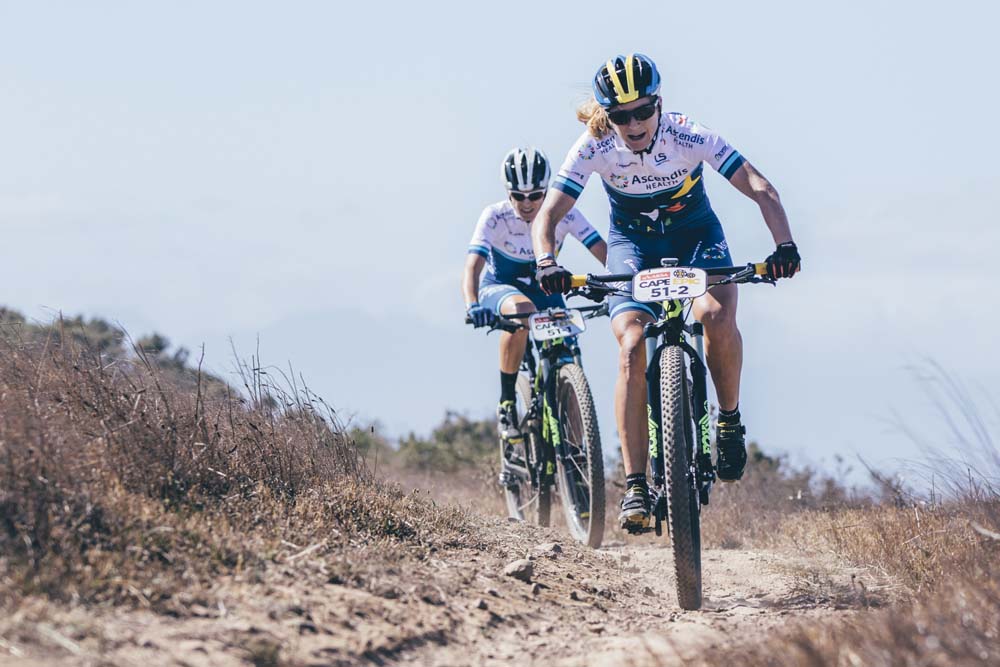 Team Ascendis Health's Jennie Stenerhag and Robyn de Groot ascends Dorstberg during the prologue of the 2016 Absa Cape Epic at Meerendal in Durbanville. Photo: Ewald Sadie/Sportzpics