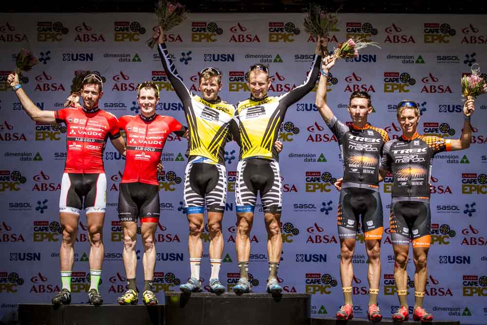 Karl Platt and Urs Huber of Team Bulls (centre) won the prologue of the 2016 Absa Cape Epic at Meerendal in Durbanville. Photo: Nick Muzik/Sportzpics