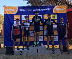 Pictured here is the elite men's podium from left, Julian Jessop, Alan Hatherly, Phil Buys, Arno du Toit and Jan Withaar at the prize giving of the last round of the SA Cup XCO Series. Photo: twitter.com/AfricanMTBteam
