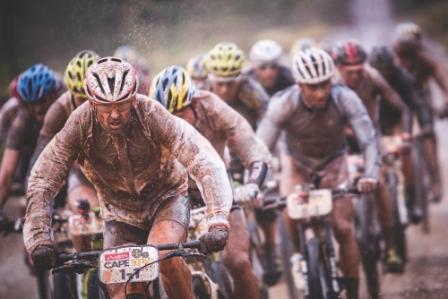 Christoph Sauser of Meerendal Songo Specialized leads the group during stage two of the 2014 Cape Epic. Photo: Nick Muzik