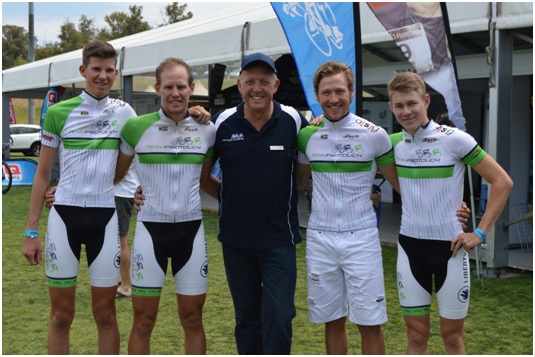 Team ProTouch, winners of the Qhubeka Relay Challenge and professional rider participants in the Watt Challenge, from left to right: Tristan van Niekerk, JC Nel (Captain), Tony Harding (Team Manager), Maurice Möller and Neil Robinson. Photo: Supplied
