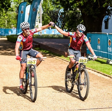Varsity Sports MTB Challenge winners CP van Wyk and Ian Lategan, of Maties, cross the finish line on day two. Photo: Robert Ward