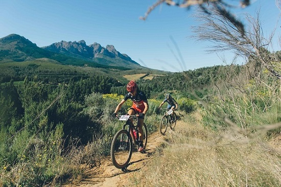 Jennie Stenerhag (Ascendis Health) is hot on the heels of Ariane Lüthi (Team Spur) as they battle it out on a climbing single-track at the TrailSeeker race on Saturday. Photo: www.zcmc.co.za